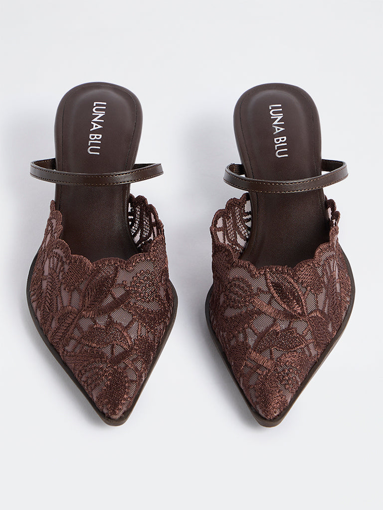 LUNA BLU Brown Lace Design Kitten-Heel Shoes