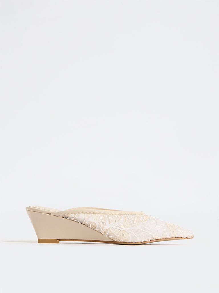 LUNA BLU Ivory Lace-Design Wedge Mules