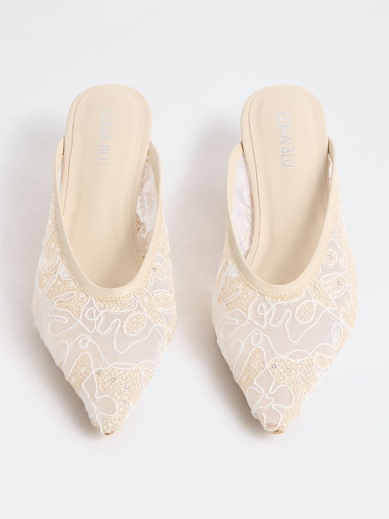 LUNA BLU Ivory Lace-Design Wedge Mules