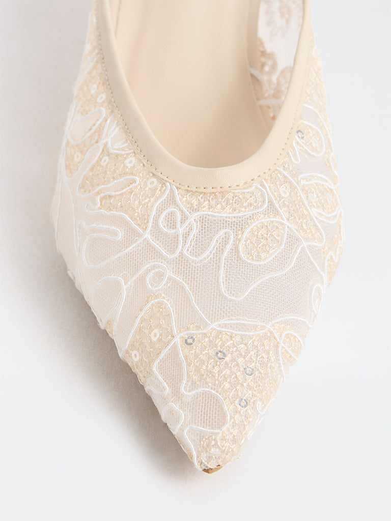 LUNA BLU Ivory Lace-Design Wedge Mules