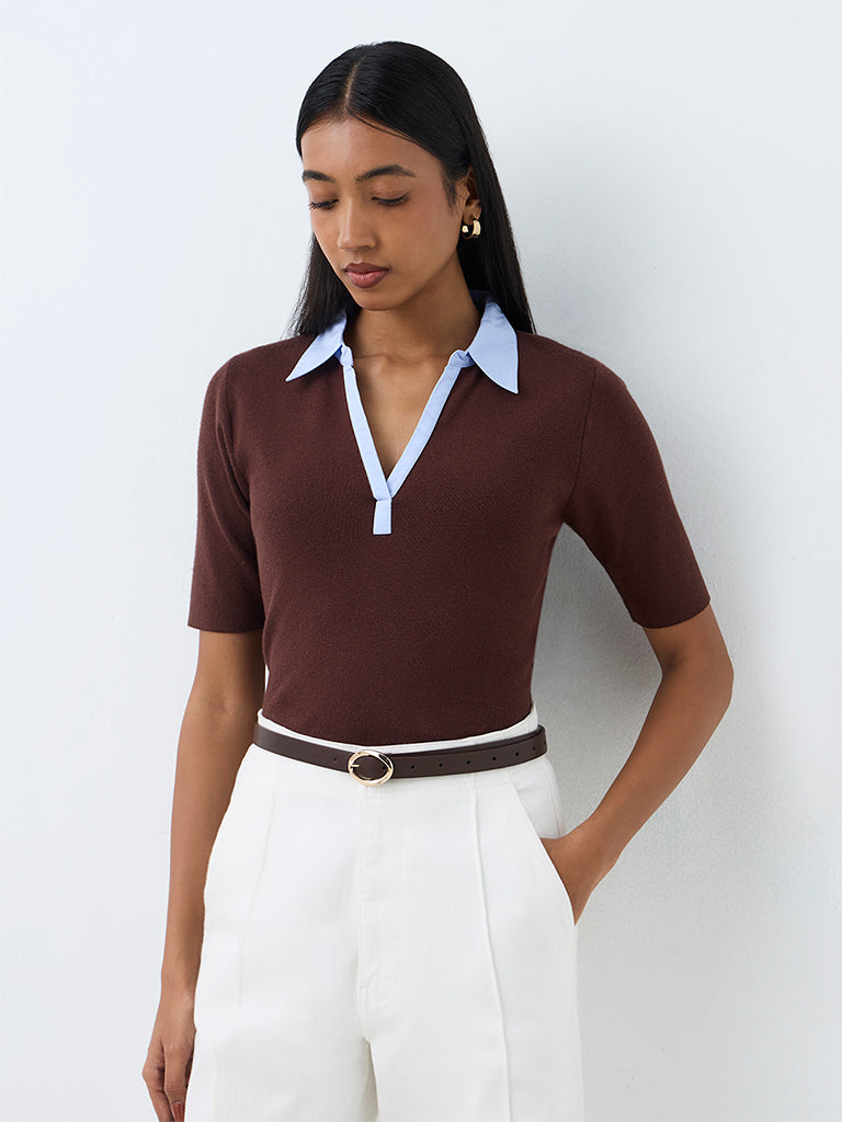 Wardrobe Dark Brown Contrast-Detail Knitted Top