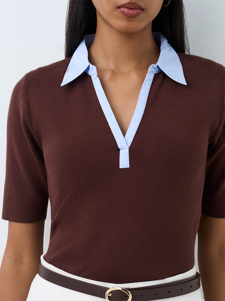 Wardrobe Dark Brown Contrast-Detail Knitted Top