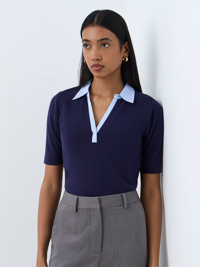 Wardrobe Navy Contrast-Detail Knitted Top
