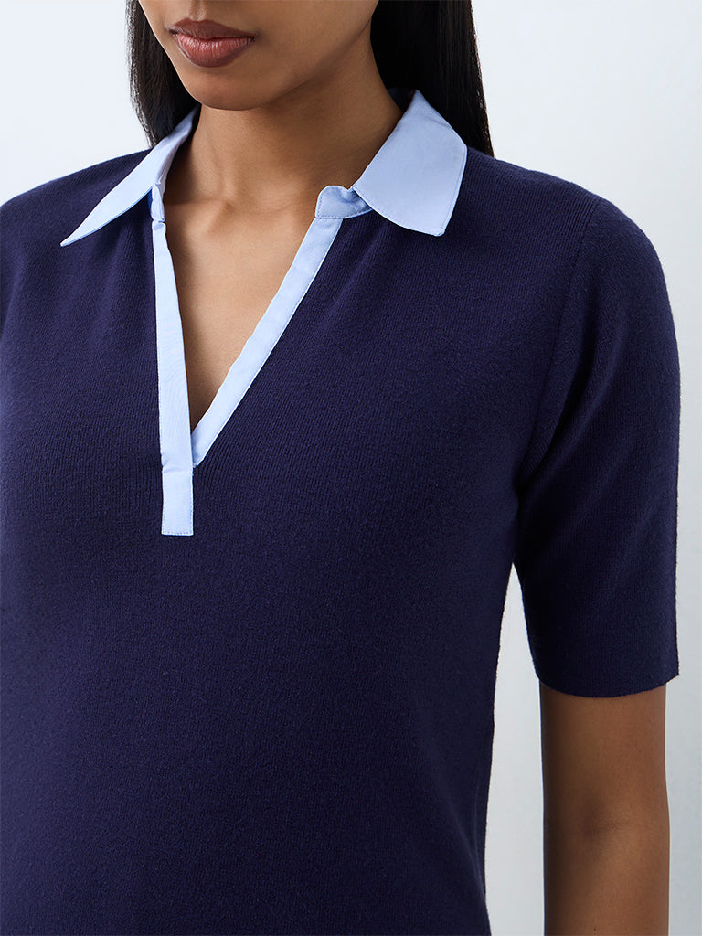 Wardrobe Navy Contrast-Detail Knitted Top