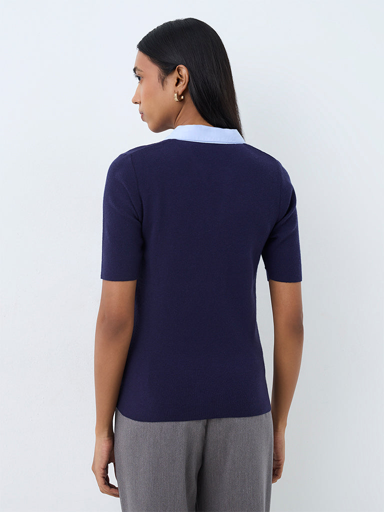 Wardrobe Navy Contrast-Detail Knitted Top