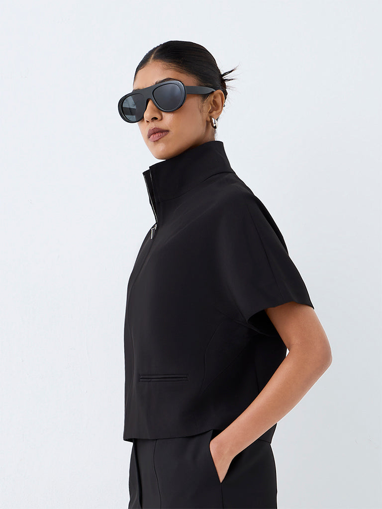 Wardrobe Black Solid High-Neck Jacket