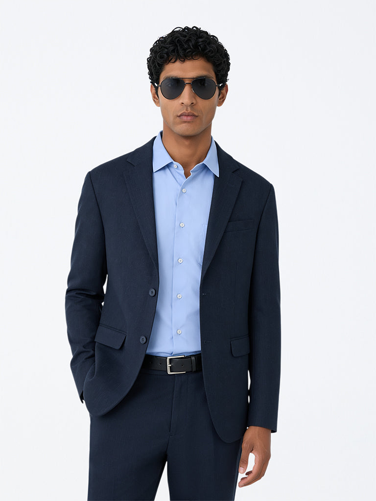 WES Formals Dark Blue Solid Slim-Fit Blazer