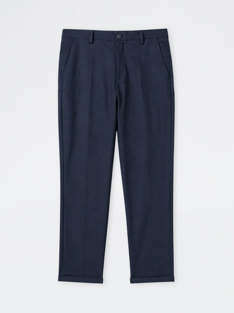 WES Formals Navy Checkered Slim-Fit Mid-Rise Trousers