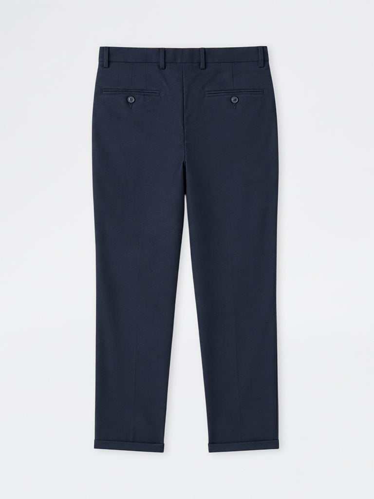 WES Formals Navy Checkered Slim-Fit Mid-Rise Trousers