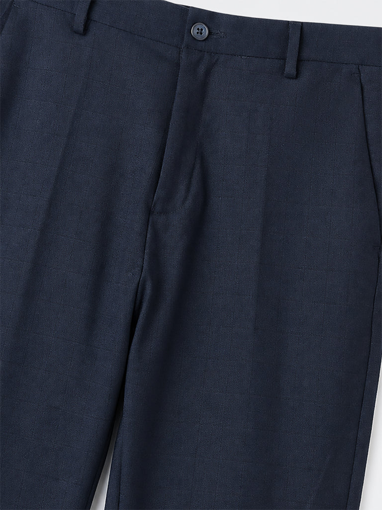 WES Formals Navy Checkered Slim-Fit Mid-Rise Trousers