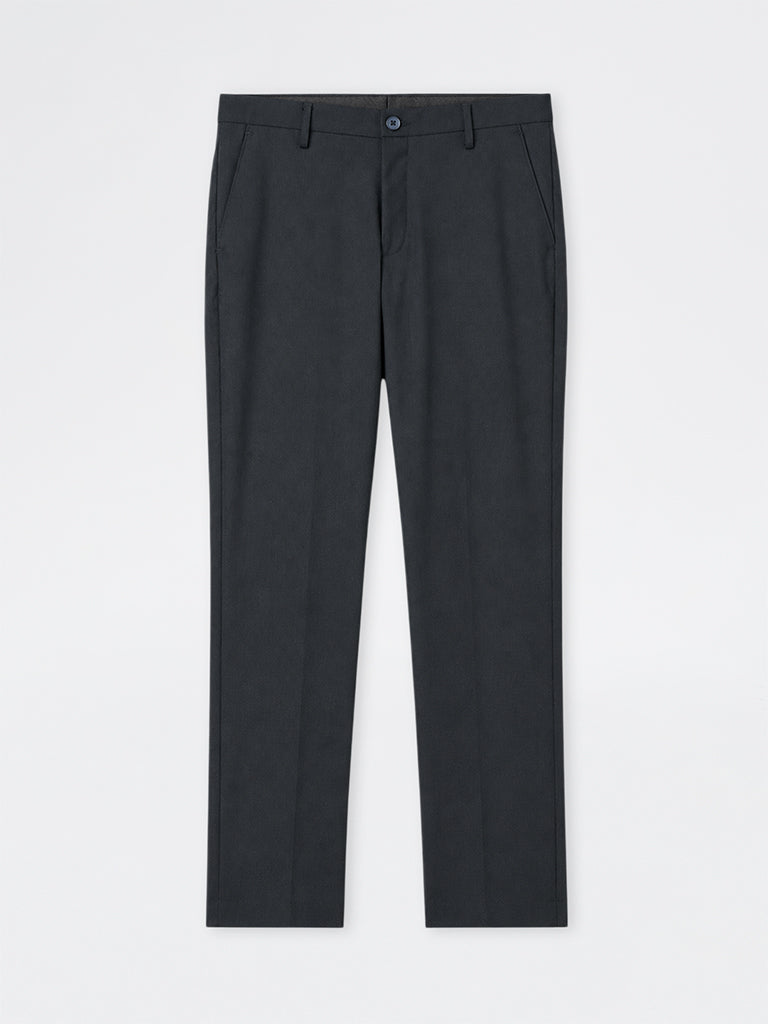 WES Formals Navy Solid Ultra-Slim Fit Mid-Rise Trousers