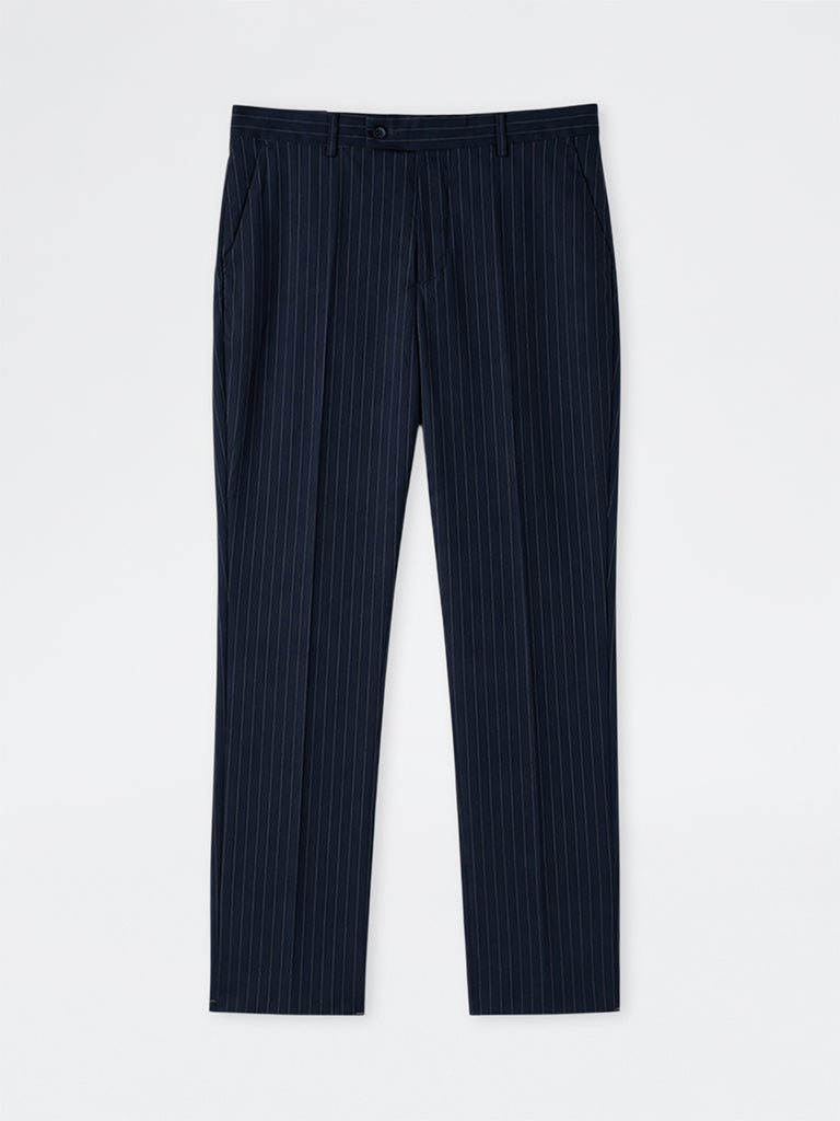 WES Formals Navy Pinstripe Relaxed-Fit Mid-Rise Trousers