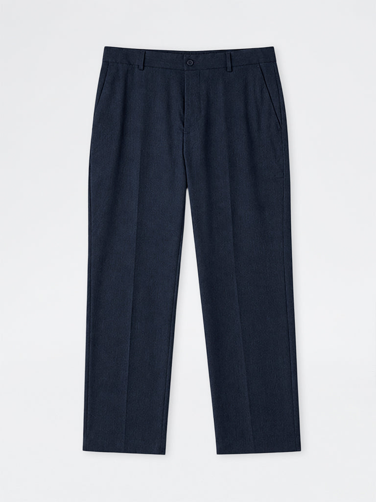 WES Formals Dark Blue Solid Relaxed-Fit Mid-Rise Trousers