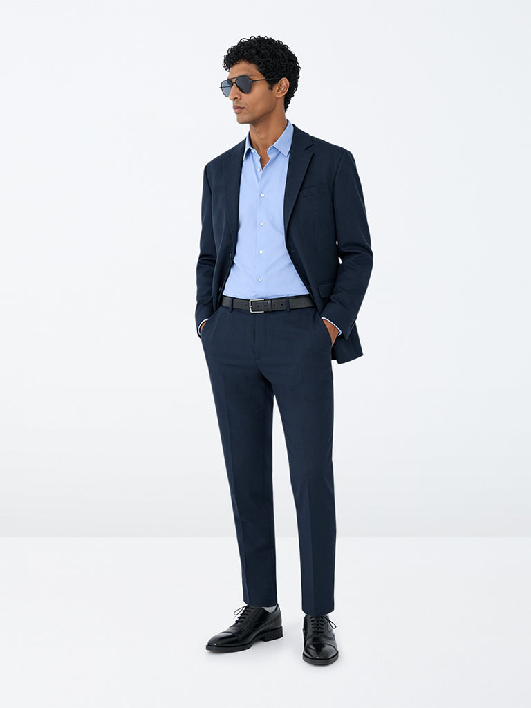 WES Formals Dark Blue Solid Relaxed-Fit Mid-Rise Trousers