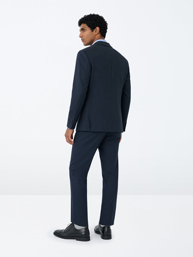 WES Formals Dark Blue Solid Relaxed-Fit Mid-Rise Trousers