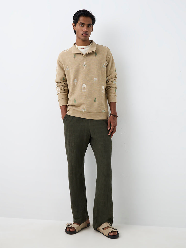 ETA Olive Crinkle-Textured Relaxed-Fit Mid-Rise Chinos