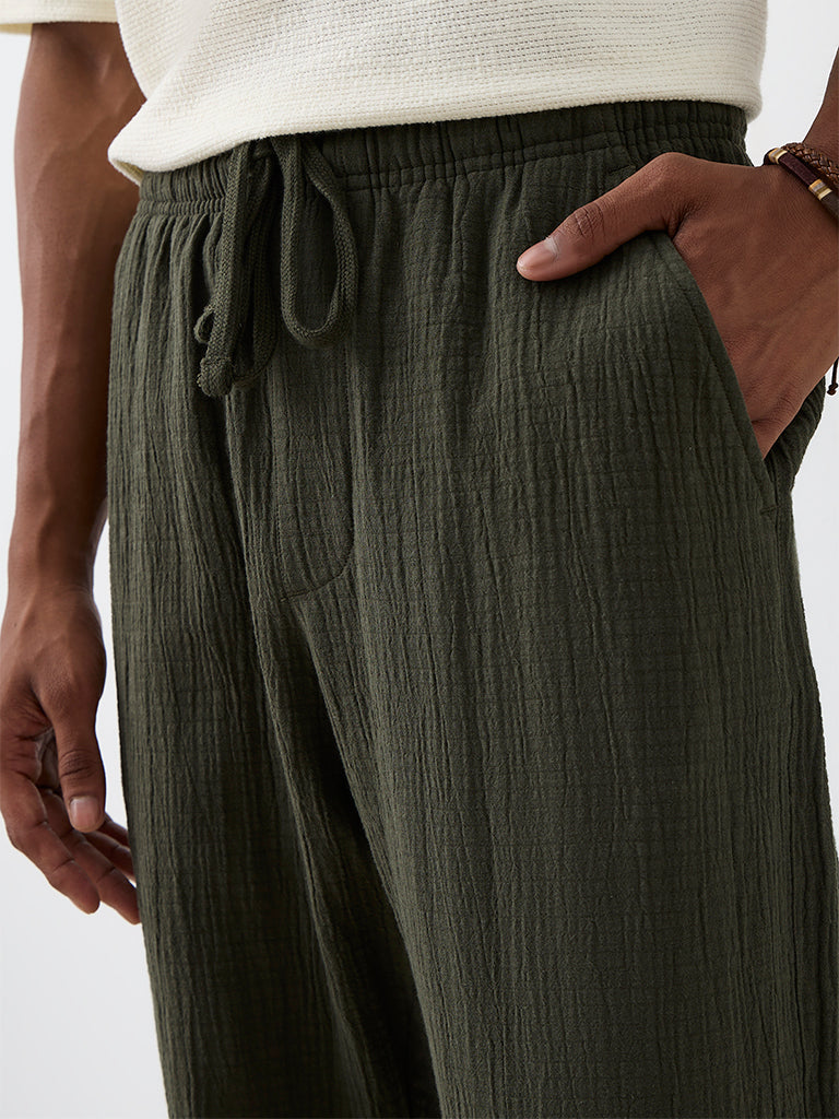 ETA Olive Crinkle-Textured Relaxed-Fit Mid-Rise Chinos