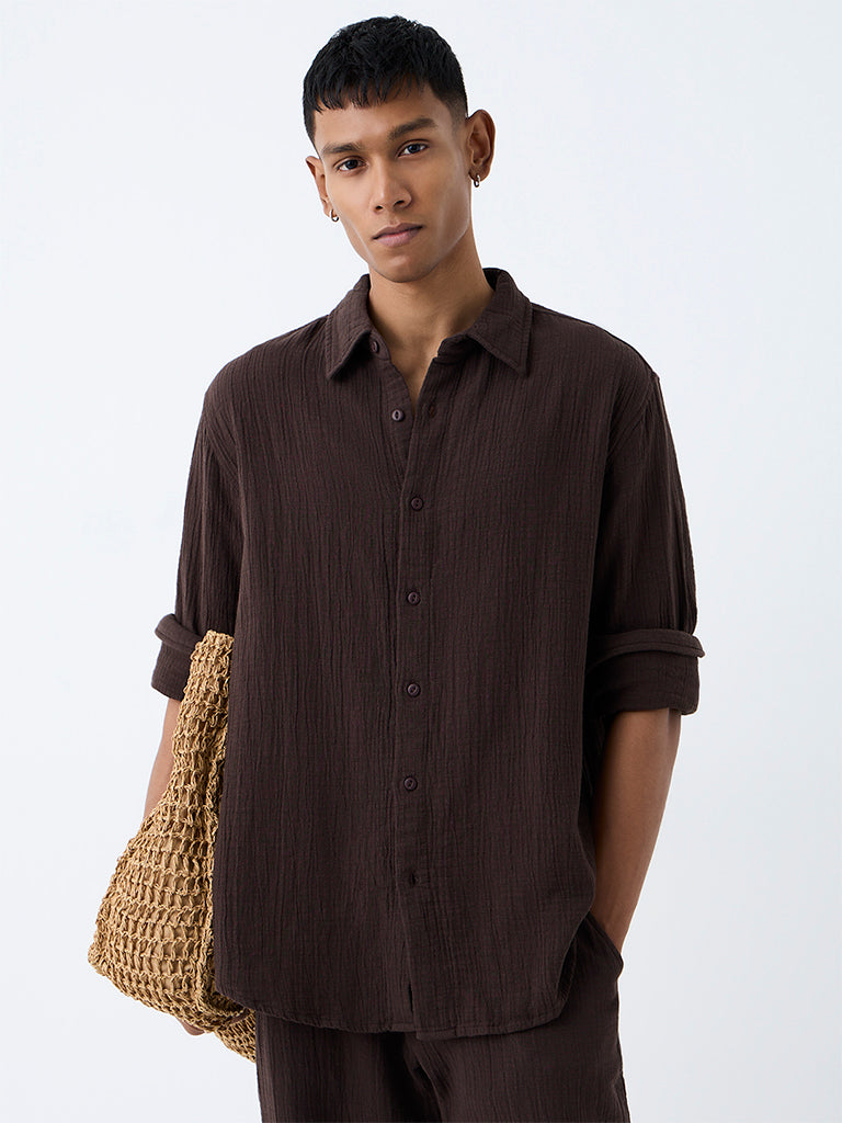 ETA Dark Brown Crinkle-Textured Relaxed-Fit Cotton Shirt