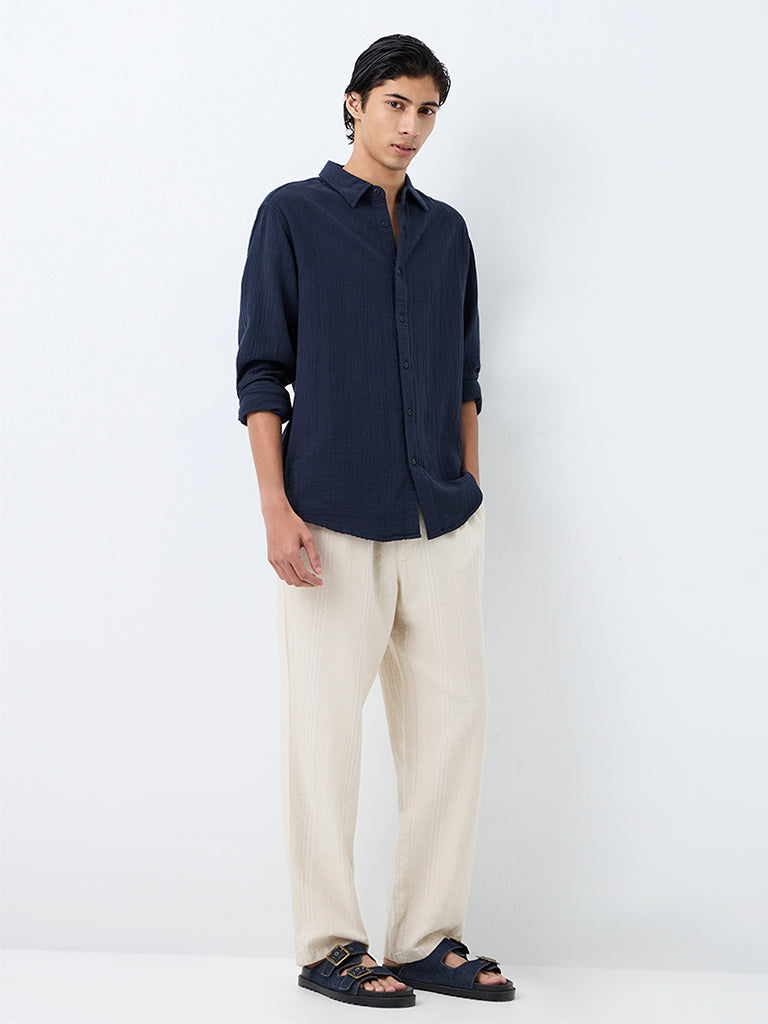 ETA Navy Crinkle-Textured Relaxed-Fit Cotton Shirt