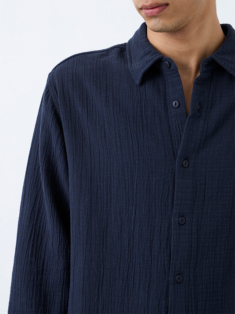 ETA Navy Crinkle-Textured Relaxed-Fit Cotton Shirt