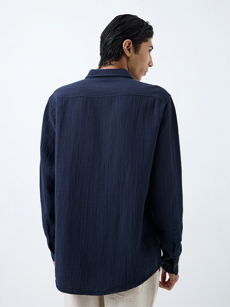 ETA Navy Crinkle-Textured Relaxed-Fit Cotton Shirt