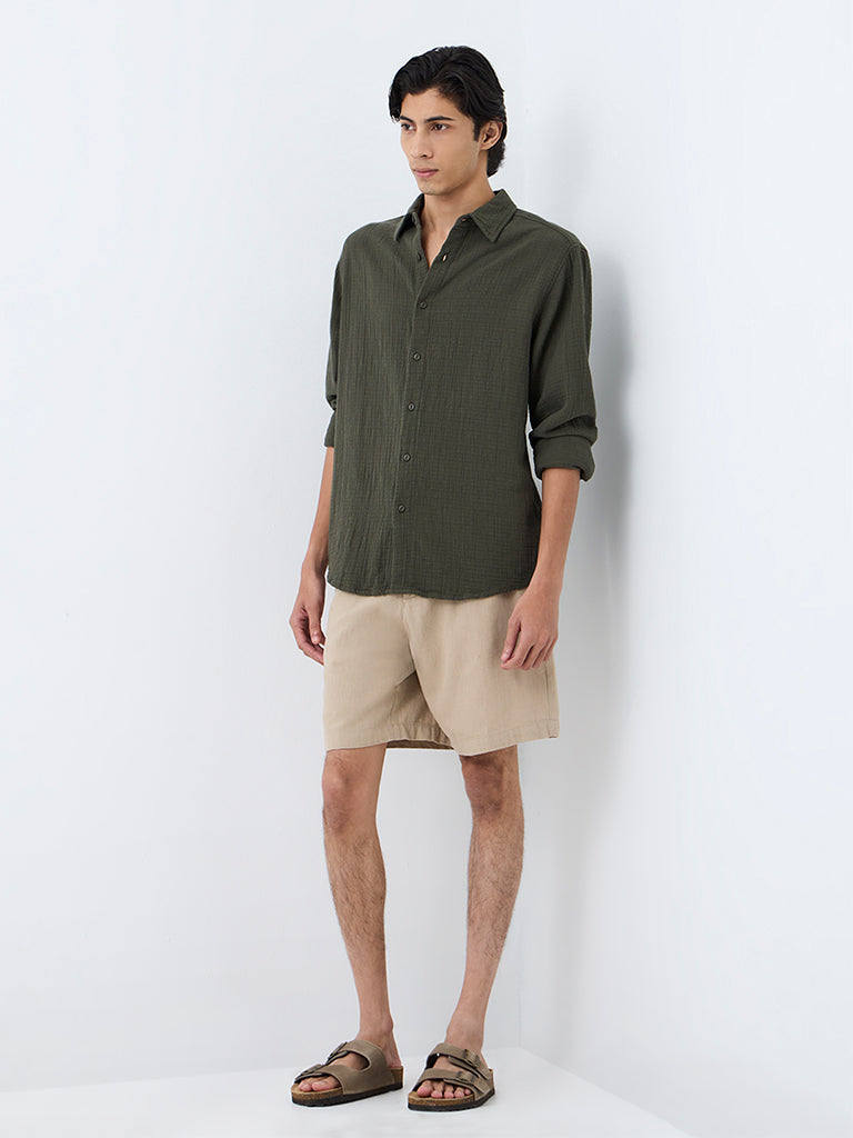 ETA Dark Olive Crinkle-Textured Relaxed-Fit Cotton Shirt
