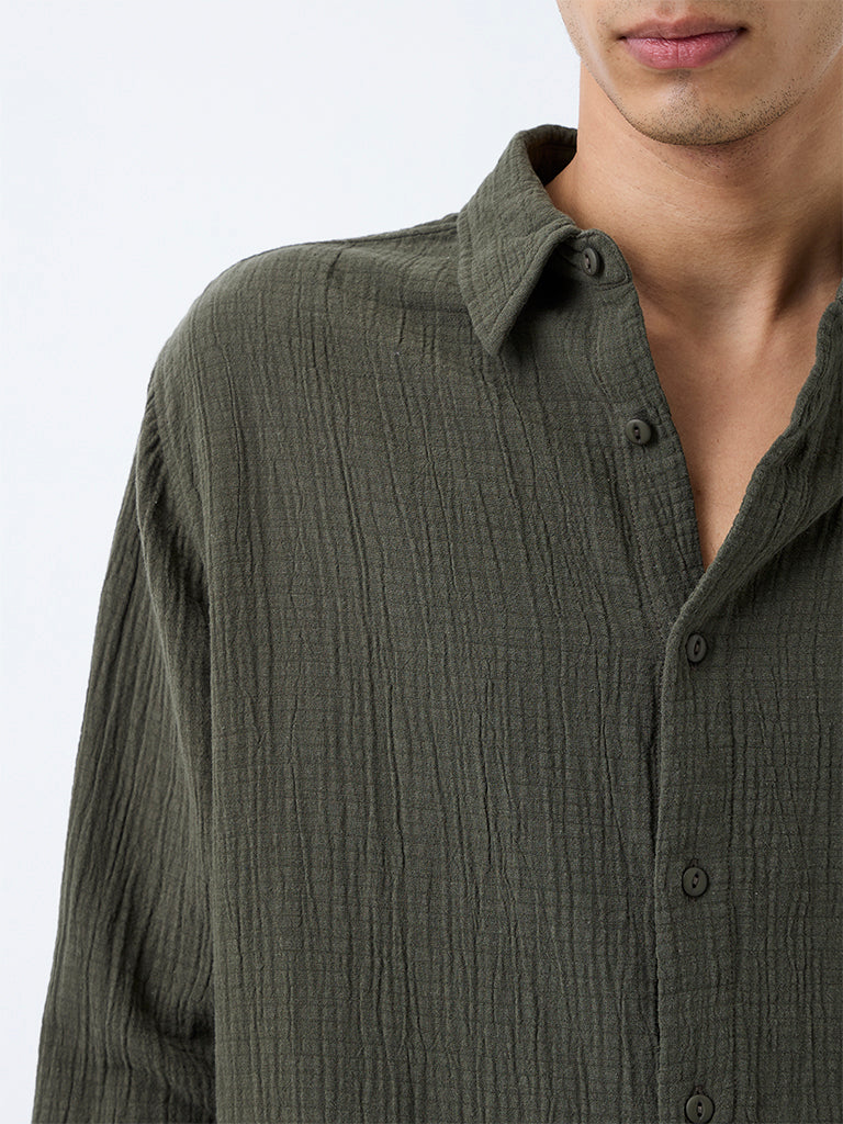 ETA Dark Olive Crinkle-Textured Relaxed-Fit Cotton Shirt