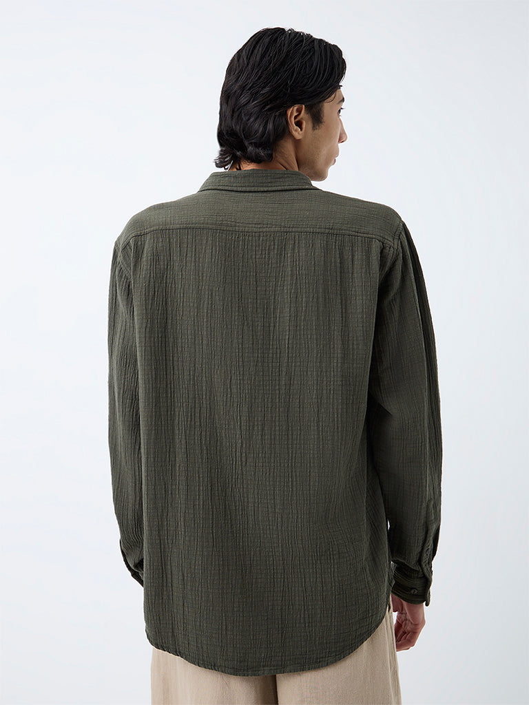 ETA Dark Olive Crinkle-Textured Relaxed-Fit Cotton Shirt