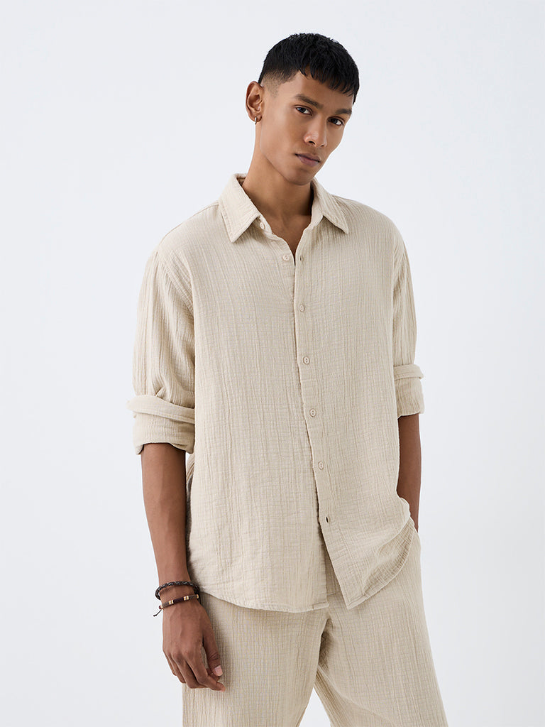 ETA Light Beige Crinkle-Textured Relaxed-Fit Cotton Shirt