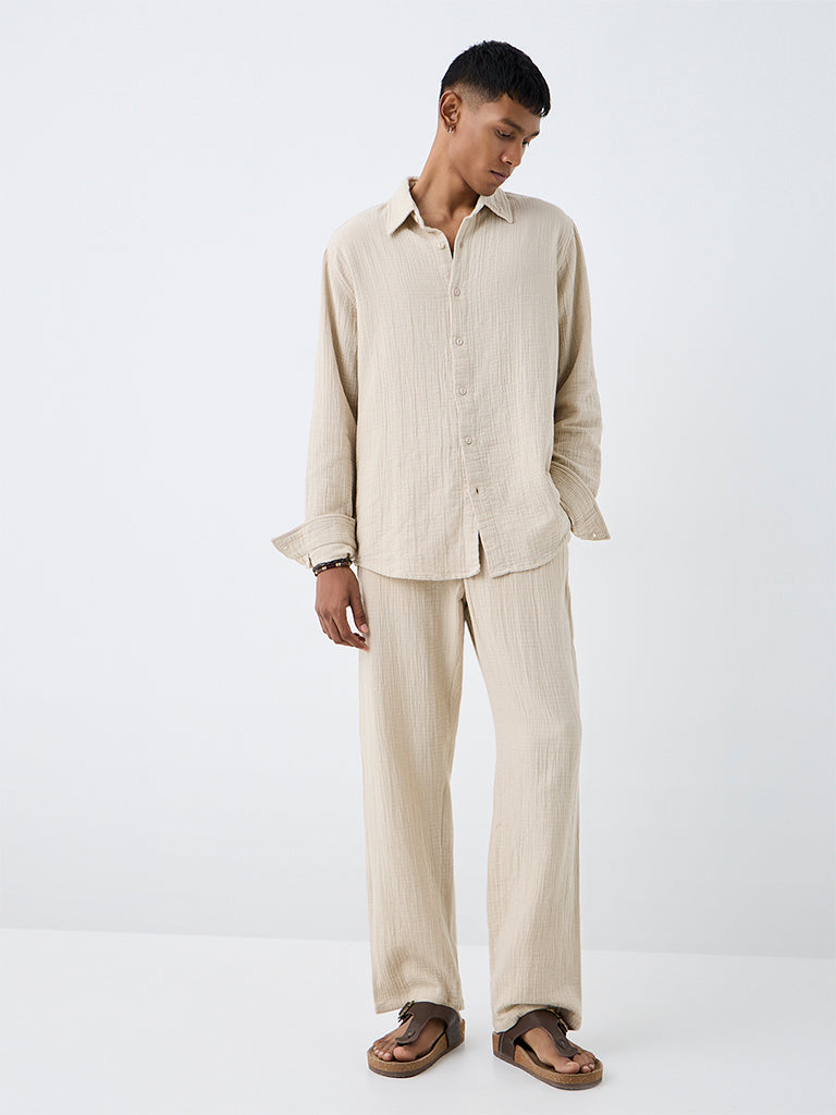 ETA Light Beige Crinkle-Textured Relaxed-Fit Cotton Shirt