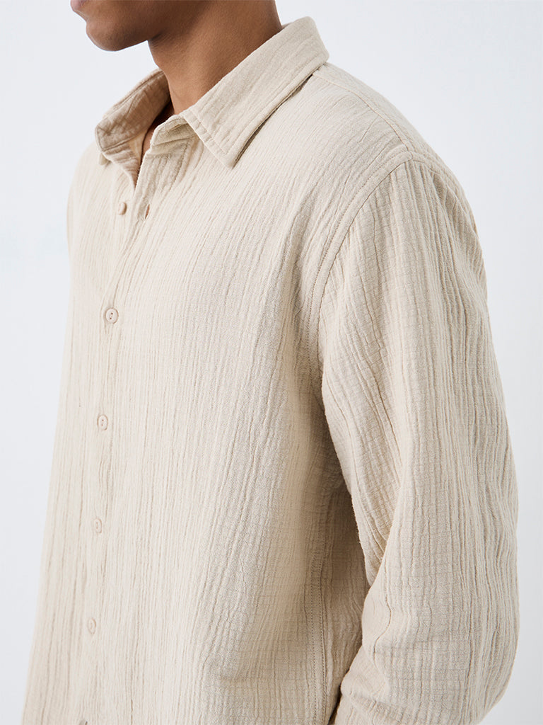 ETA Light Beige Crinkle-Textured Relaxed-Fit Cotton Shirt