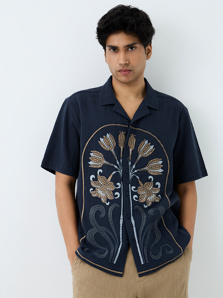 ETA Navy Floral Embroidered Relaxed-Fit Cotton Shirt