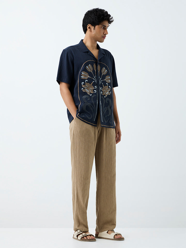 ETA Navy Floral Embroidered Relaxed-Fit Cotton Shirt