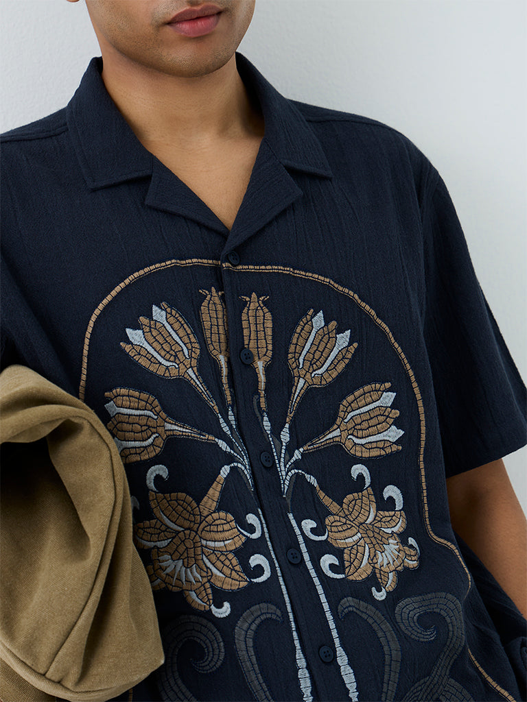 ETA Navy Floral Embroidered Relaxed-Fit Cotton Shirt