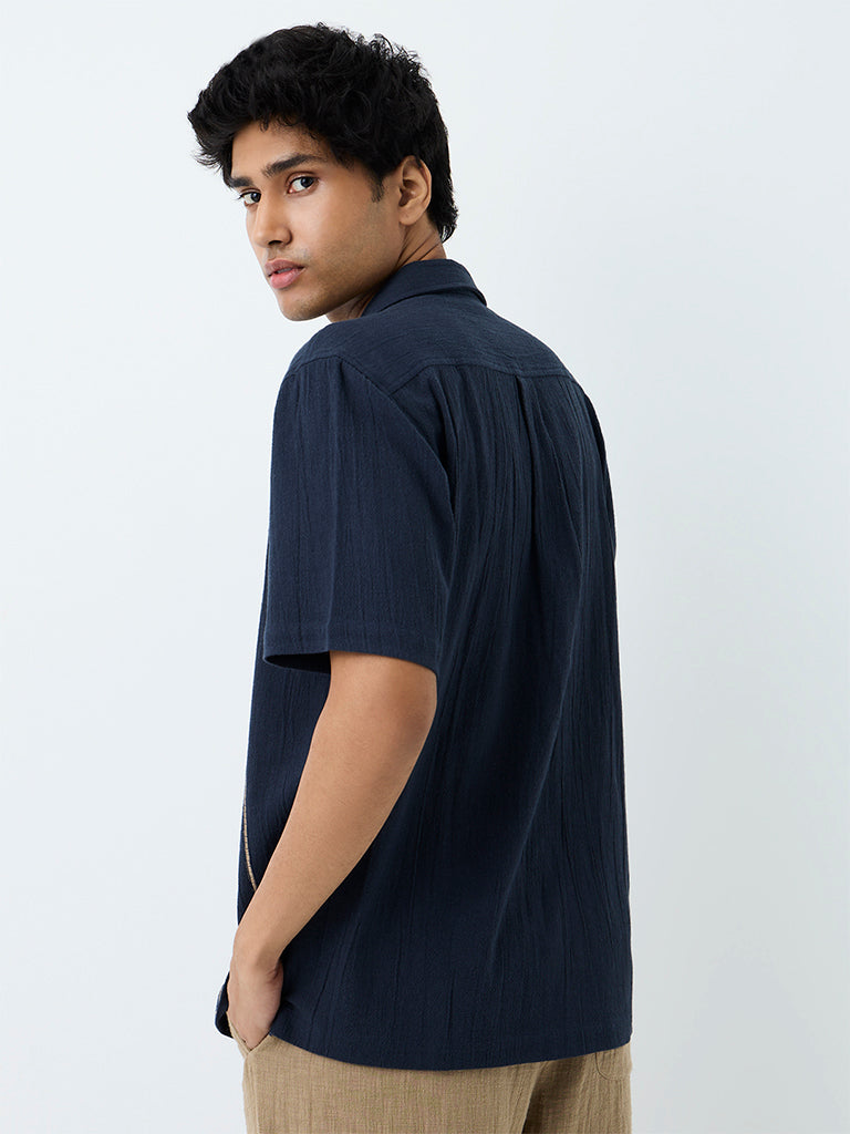 ETA Navy Floral Embroidered Relaxed-Fit Cotton Shirt