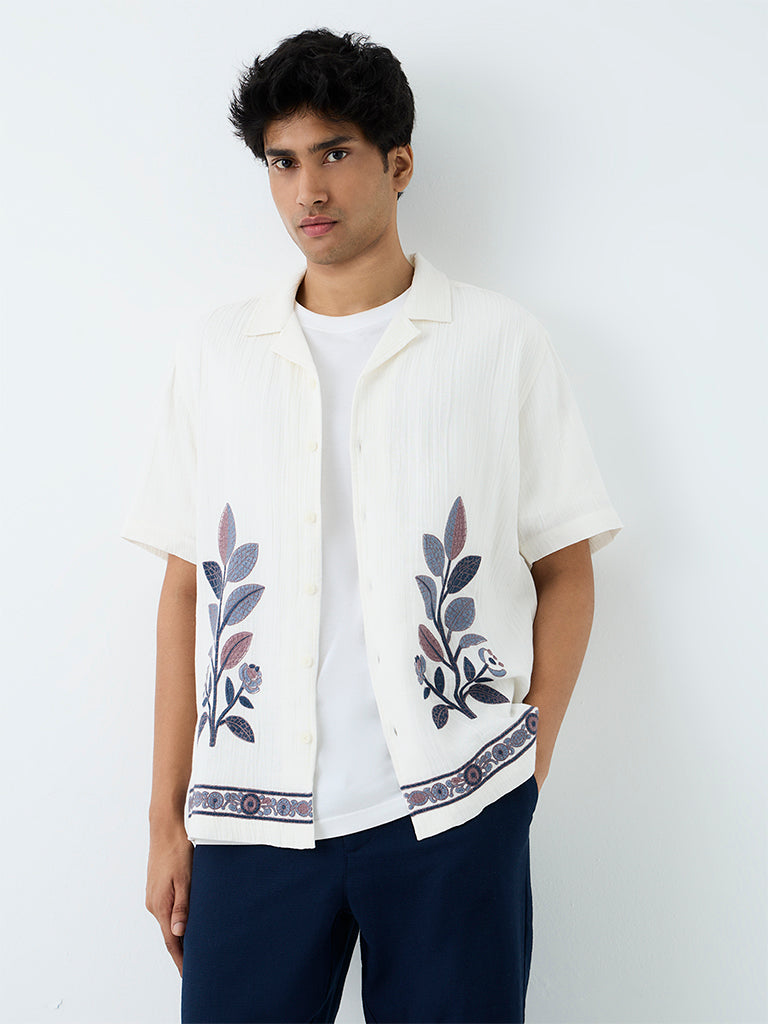 ETA Off-White Botanical Embroidered Relaxed-Fit Cotton Shirt