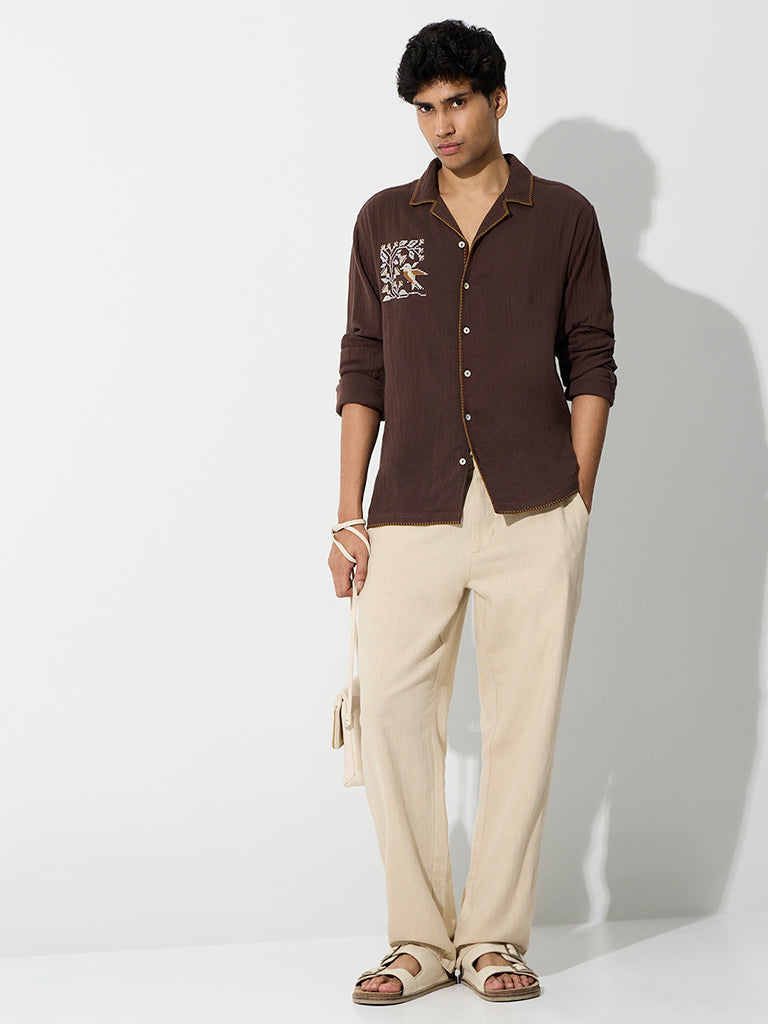 ETA Dark Brown Embroidered Relaxed-Fit Cotton Shirt