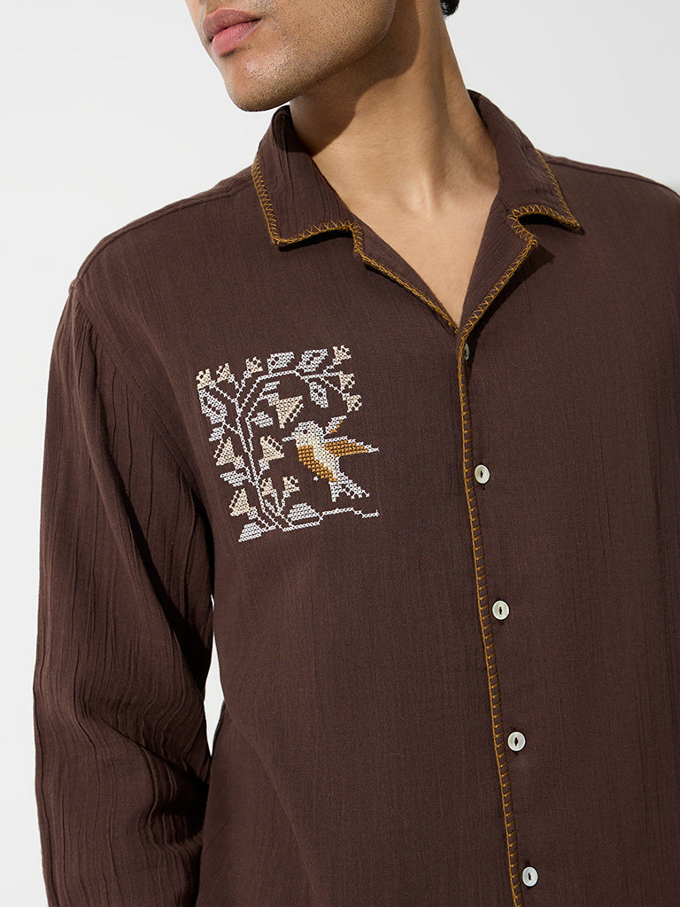 ETA Dark Brown Embroidered Relaxed-Fit Cotton Shirt