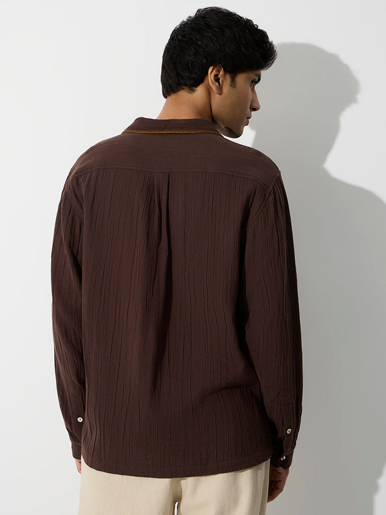 ETA Dark Brown Embroidered Relaxed-Fit Cotton Shirt