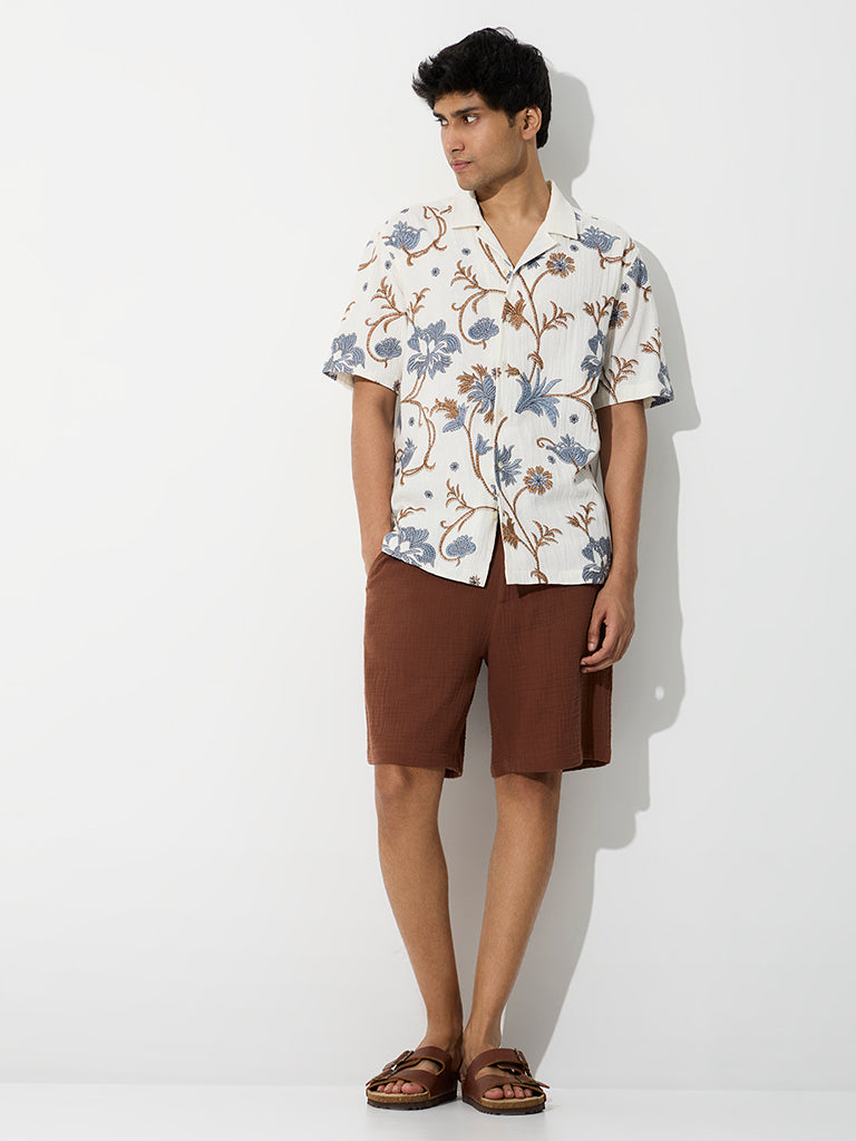 ETA Off-White Floral Embroidered Relaxed-Fit Cotton Shirt