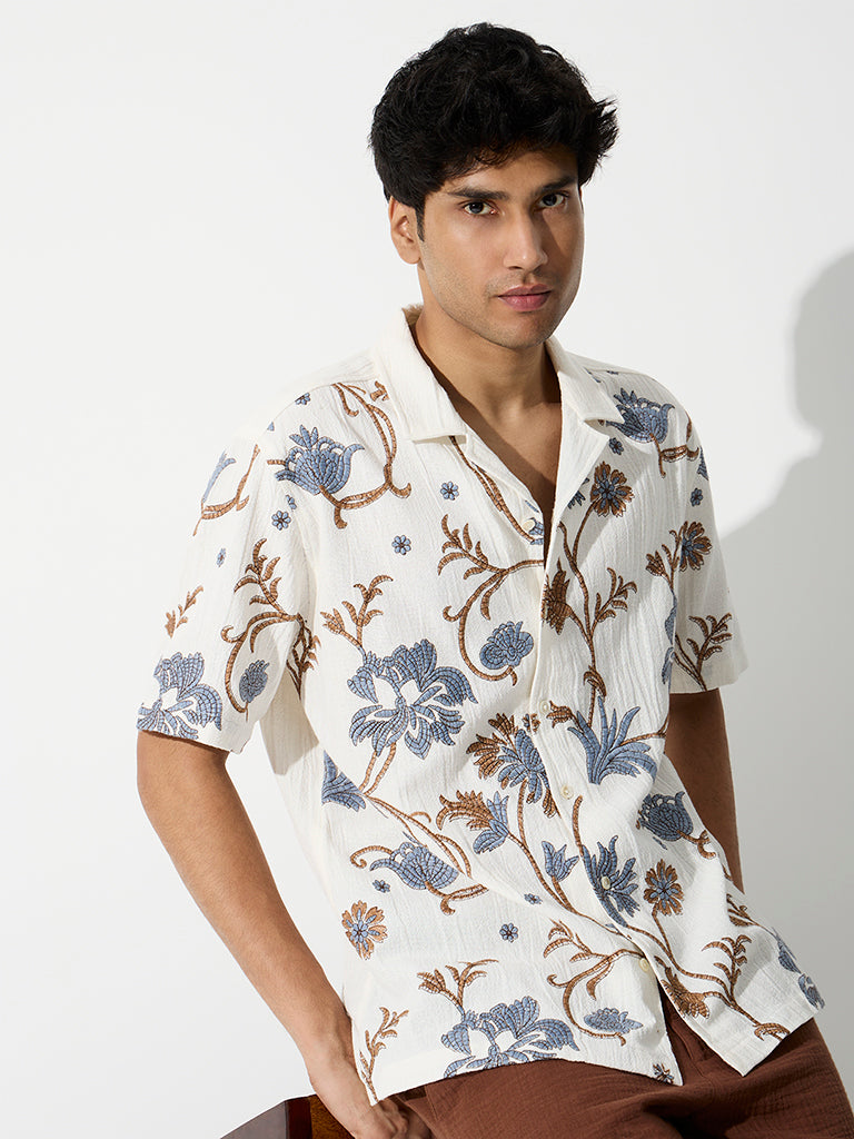 ETA Off-White Floral Embroidered Relaxed-Fit Cotton Shirt