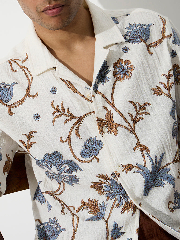 ETA Off-White Floral Embroidered Relaxed-Fit Cotton Shirt