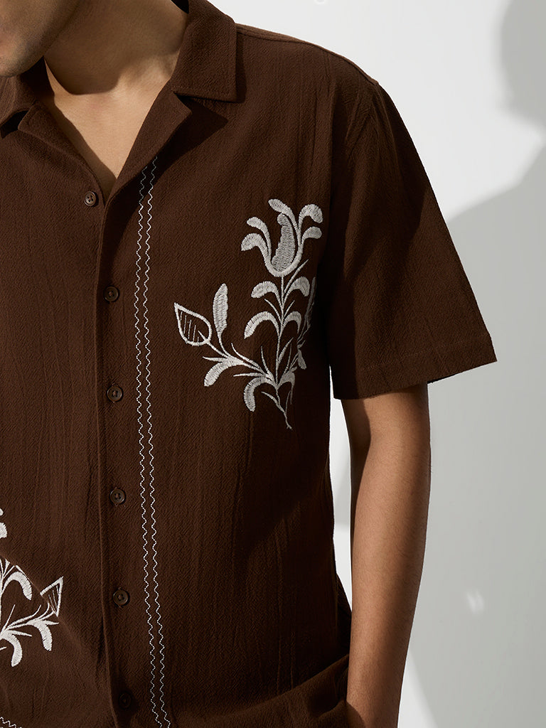 ETA Dark Brown Floral Embroidered Relaxed-Fit Cotton Shirt