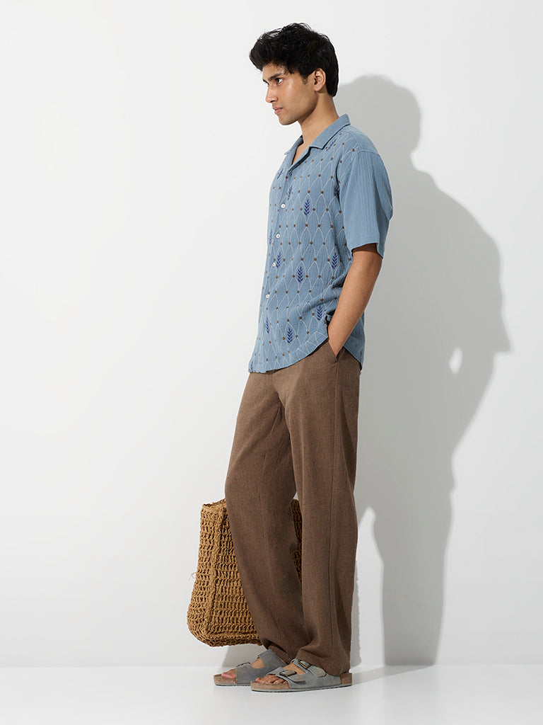 ETA Dusty Blue Embroidered Relaxed-Fit Cotton Shirt
