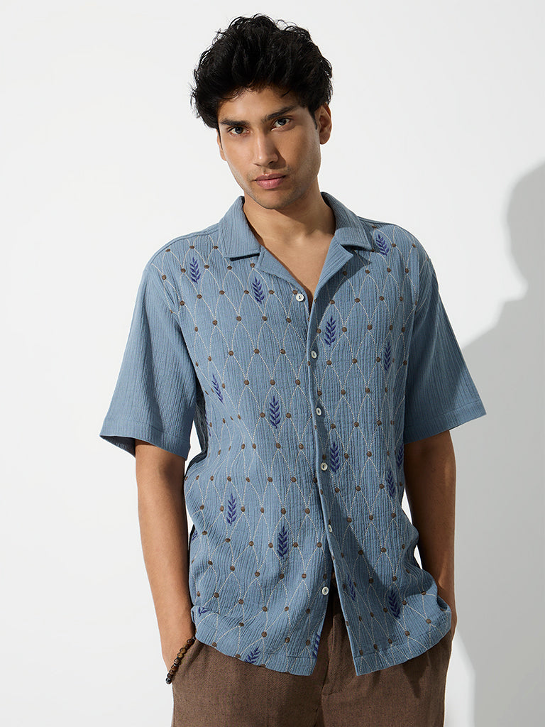 ETA Dusty Blue Embroidered Relaxed-Fit Cotton Shirt