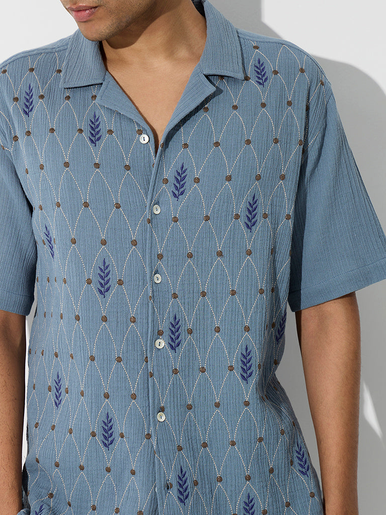 ETA Dusty Blue Embroidered Relaxed-Fit Cotton Shirt