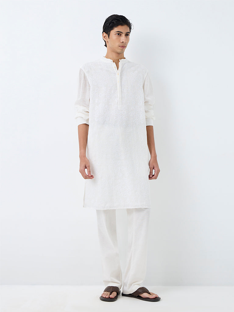 Kala by ETA White Embroidered Relaxed-Fit Cotton Kurta