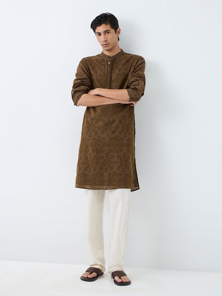 Kala by ETA Dark Taupe Embroidered Relaxed-Fit Linen Kurta