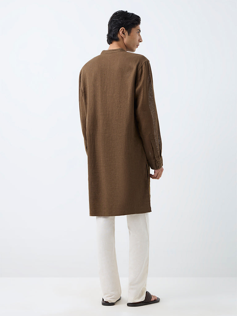 Kala by ETA Dark Taupe Embroidered Relaxed-Fit Linen Kurta