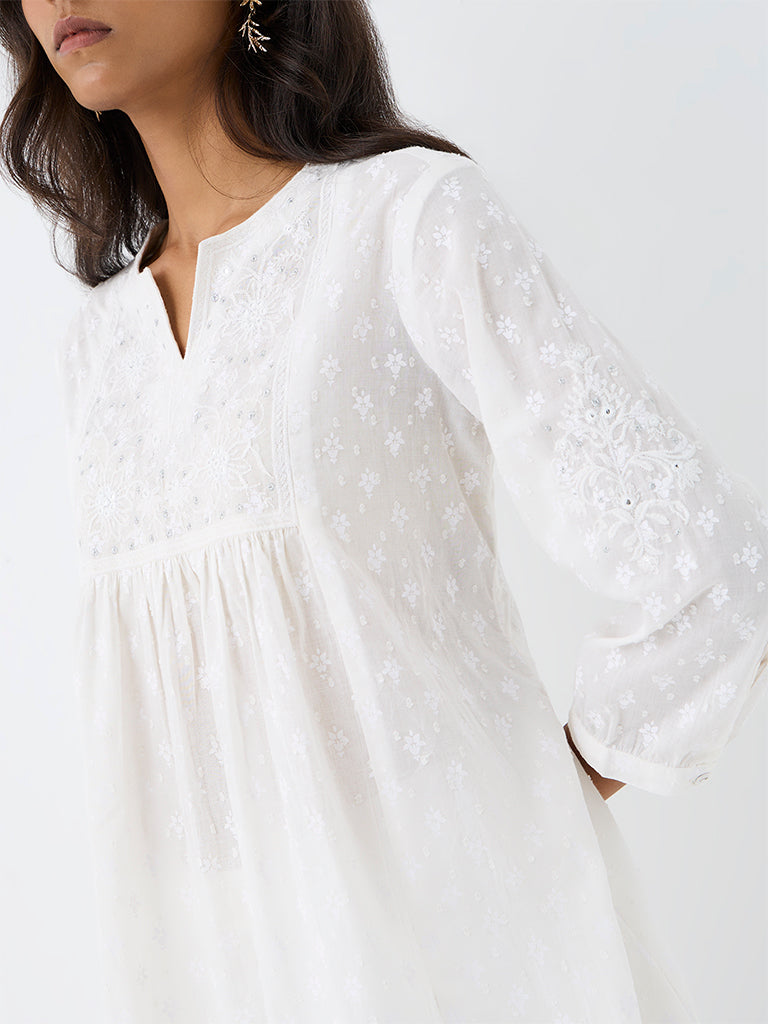 Utsa White Floral Embroidered Cotton Kurti